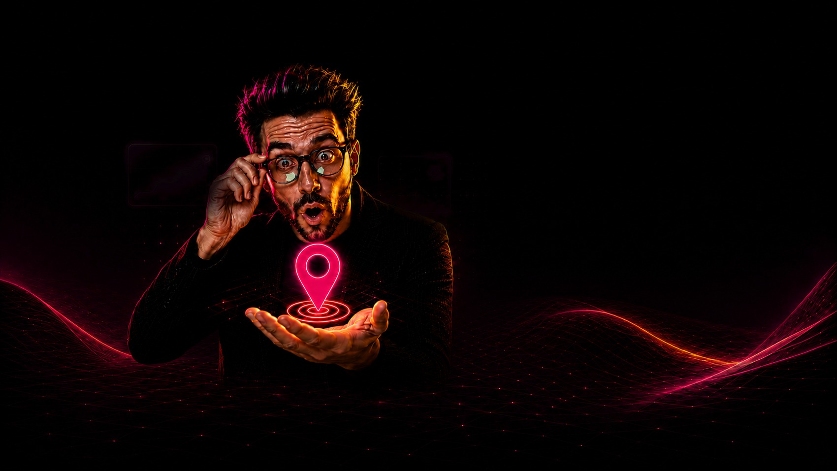Surprised man holding a glowing location pin above his hand, representing a local service website powered by Autopilot SEO