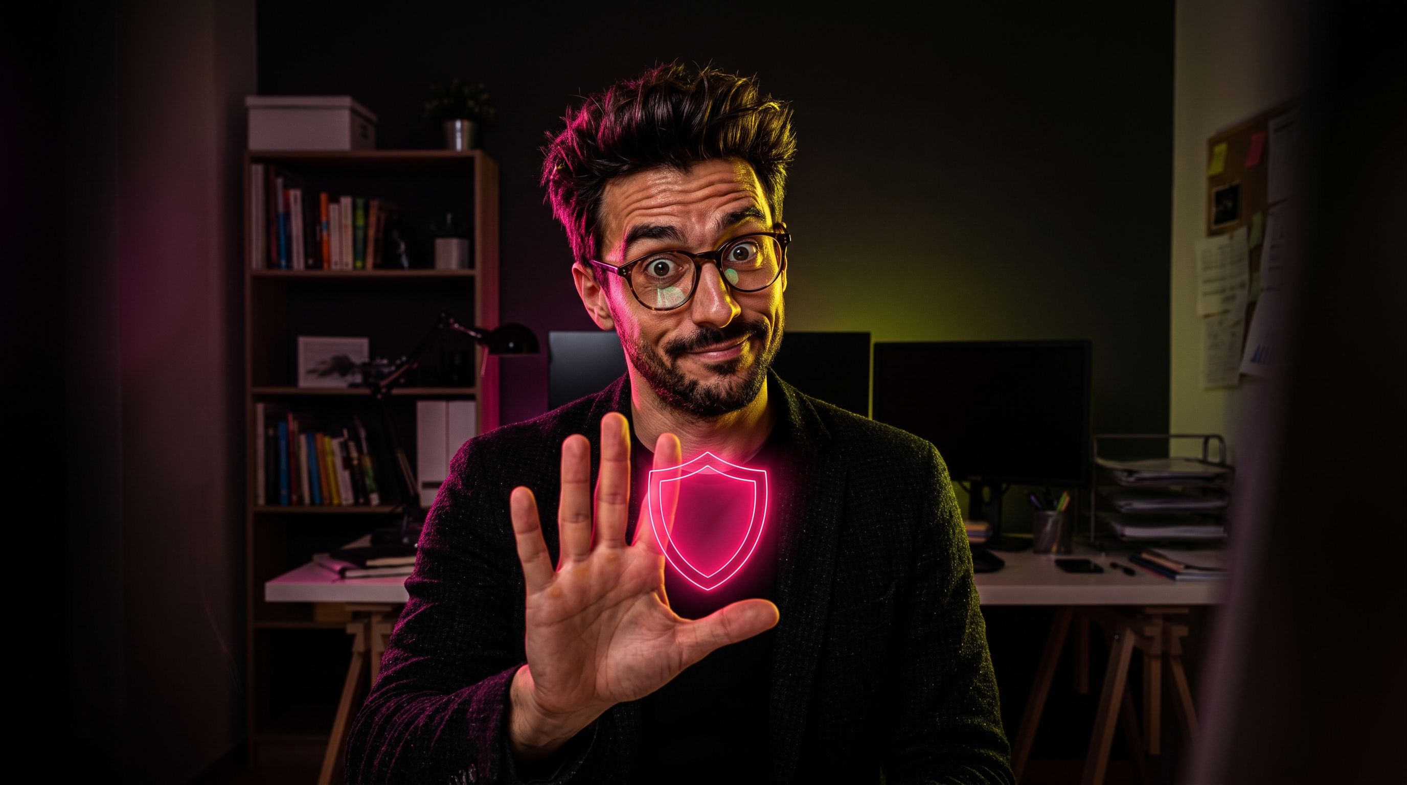 Business owner playfully holding up a hand and a glowing shield icon, representing the human guardrails behind Autopilot SEO