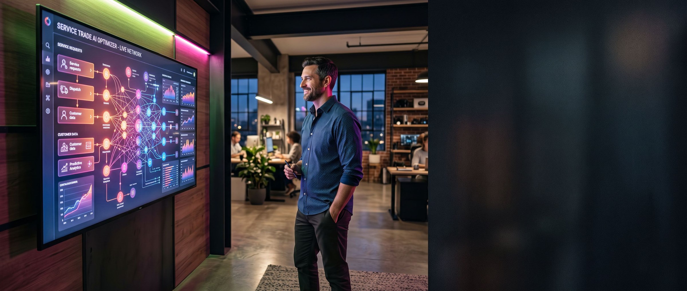 Business owner watching a live wall display of connected AI agent nodes working on his website, representing the Autopilot SEO agent roster