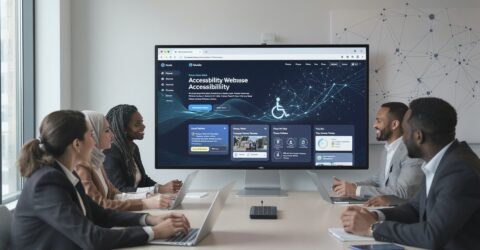 Six professionals in a meeting room gathered around a long table, facing a large monitor displaying an accessibility-themed website.