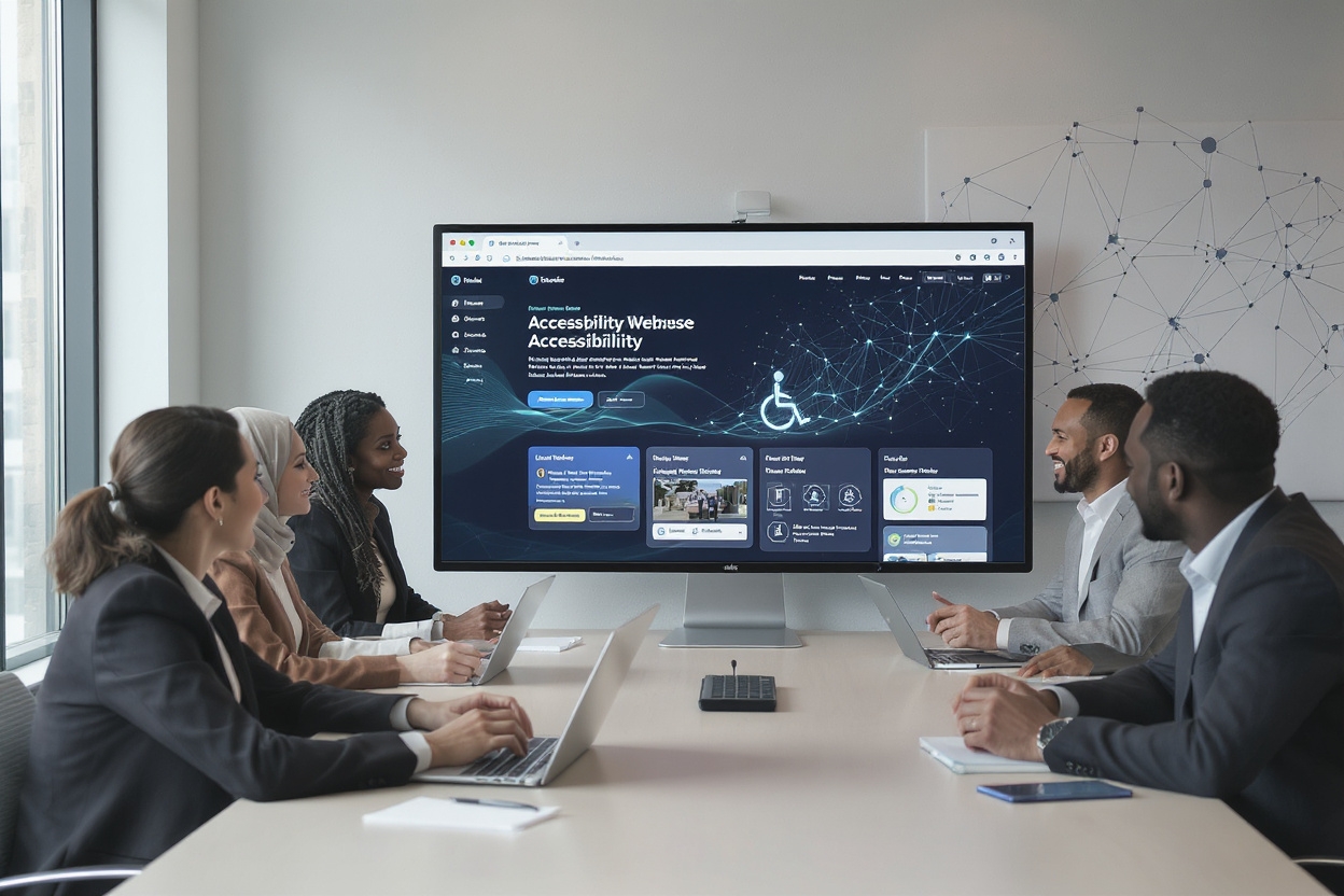 Six professionals in a meeting room gathered around a long table, facing a large monitor displaying an accessibility-themed website.