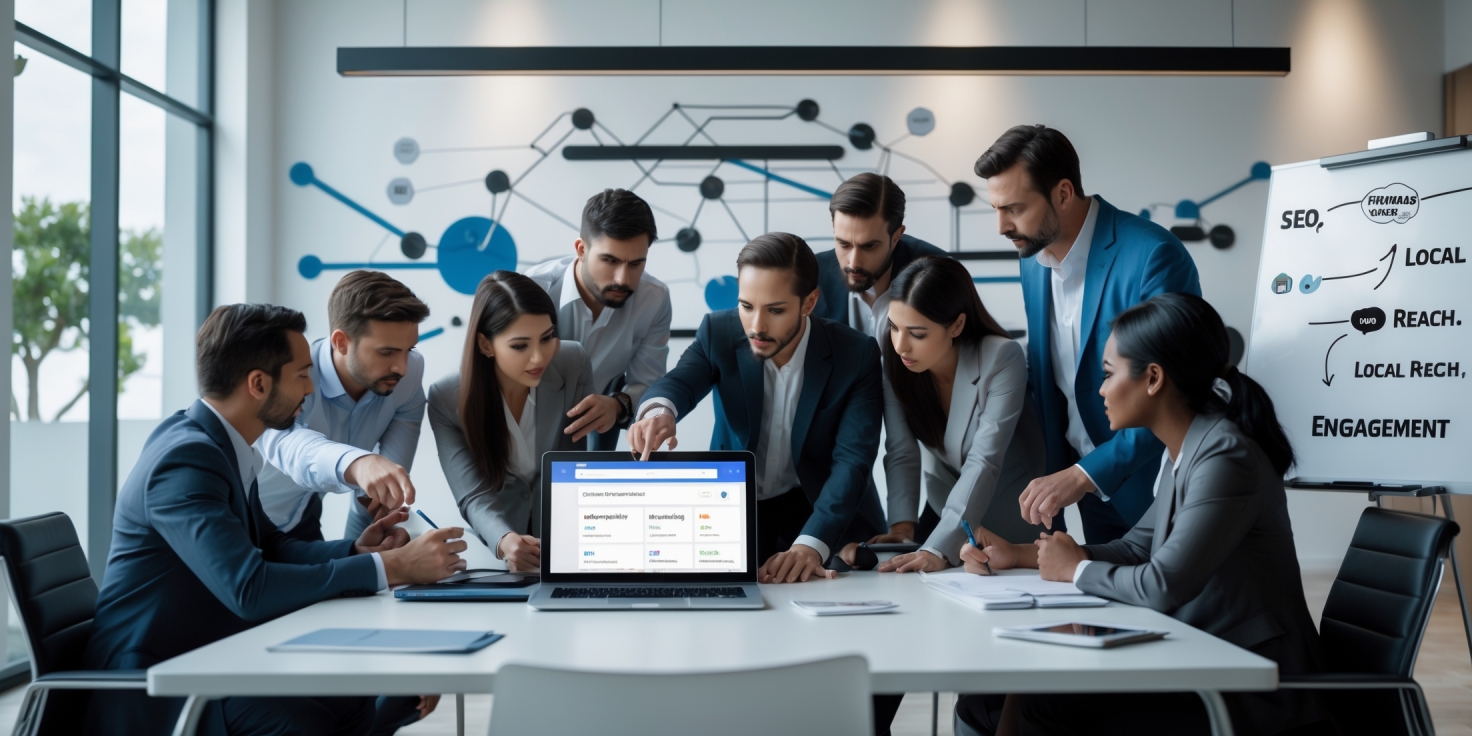 Team of nine professionals in business attire crowding around a laptop showing a Google Business Profile dashboard, with a whiteboard reading SEO, Local, Reach, Engagement in the background.