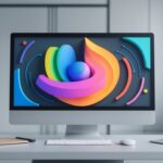 Modern desktop computer displaying a colorful abstract vector graphic with layered geometric shapes on a minimalist white desk in a bright office.