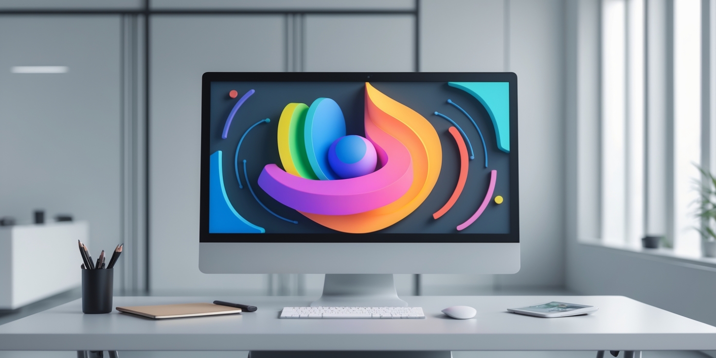 Modern desktop computer displaying a colorful abstract vector graphic with layered geometric shapes on a minimalist white desk in a bright office.