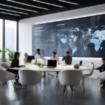 26580e1b - CYTICX.COM Business meeting in a bright modern conference room with a large world map display on the wall and several attendees around a round table with laptops and plants nearby.