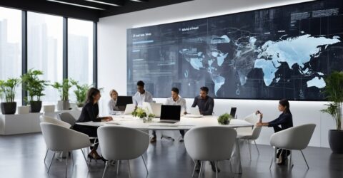 Business meeting in a bright modern conference room with a large world map display on the wall and several attendees around a round table with laptops and plants nearby.