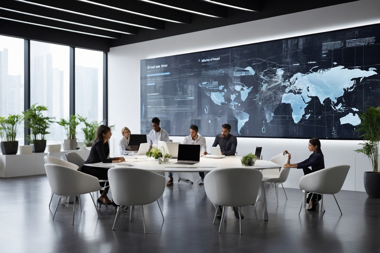 Business meeting in a bright modern conference room with a large world map display on the wall and several attendees around a round table with laptops and plants nearby.
