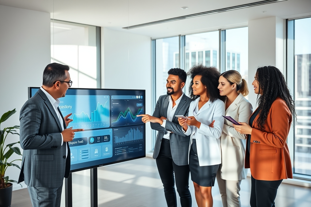 Team of five professionals in a bright office gather around a large screen displaying graphs and charts as they review analytics.