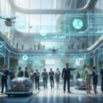 43610e1b - CYTICX.COM Futuristic illustration of a glass city atrium with delivery drones, autonomous delivery robots, and holographic e-commerce data overlays above people in business attire.