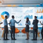 Team of eight professionals in a bright office review large charts on a wall screen.