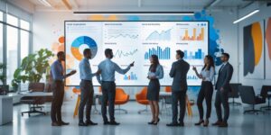 Team of eight professionals in a bright office review large charts on a wall screen.
