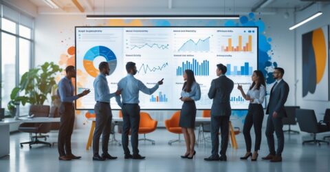 Team of eight professionals in a bright office review large charts on a wall screen.