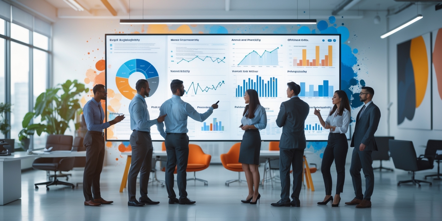 Team of eight professionals in a bright office review large charts on a wall screen.