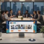 Desk setup in a modern office: a curved monitor on a white desk displays a colorful website, while a blurred team meeting occurs in the background.