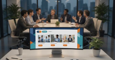 Desk setup in a modern office: a curved monitor on a white desk displays a colorful website, while a blurred team meeting occurs in the background.