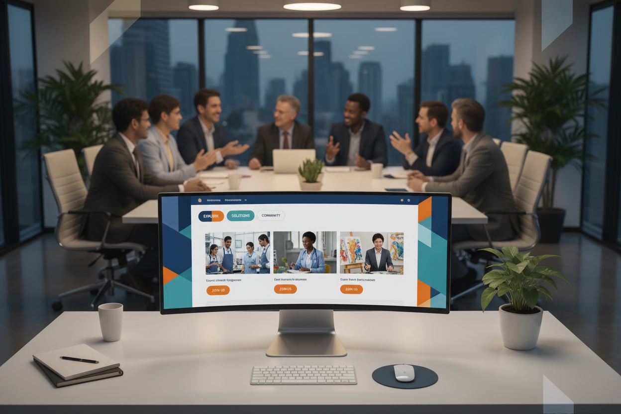 Desk setup in a modern office: a curved monitor on a white desk displays a colorful website, while a blurred team meeting occurs in the background.