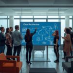 63415e1b - CYTICX.COM Team of professionals gathered around a large blue screen titled 'Cloud Architecture' displaying cloud diagrams and flow arrows in a modern glass-walled meeting room.