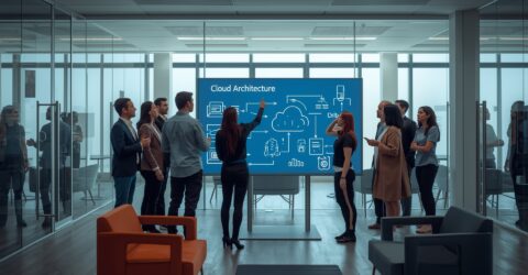 Team of professionals gathered around a large blue screen titled 'Cloud Architecture' displaying cloud diagrams and flow arrows in a modern glass-walled meeting room.