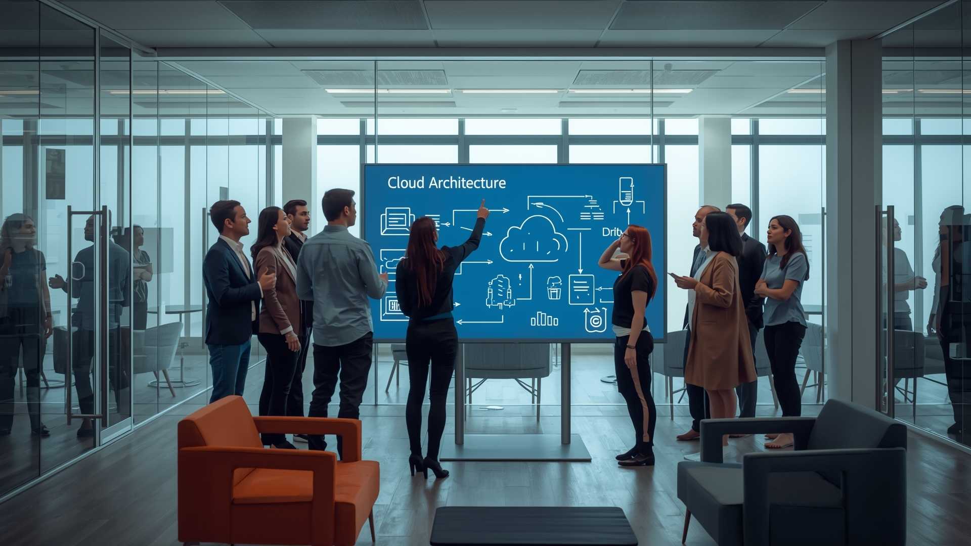 Team of professionals gathered around a large blue screen titled 'Cloud Architecture' displaying cloud diagrams and flow arrows in a modern glass-walled meeting room.