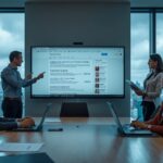 Six coworkers in a glass-walled conference room watching a presenter explain a large screen showing a website.