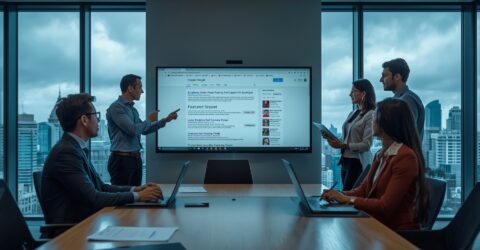 Six coworkers in a glass-walled conference room watching a presenter explain a large screen showing a website.