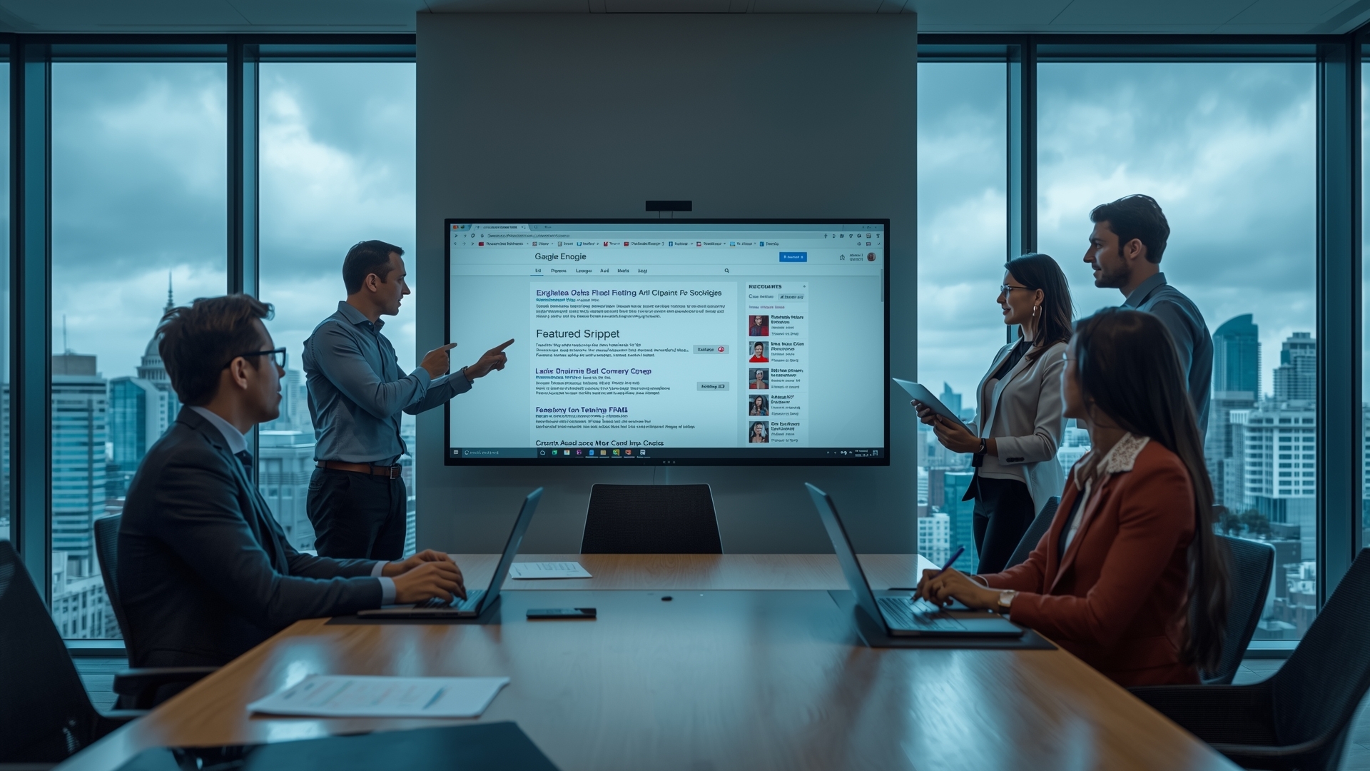 Six coworkers in a glass-walled conference room watching a presenter explain a large screen showing a website.