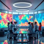 Team of professionals standing around a glass conference table in a high-tech room with large colorful data heatmap screens behind them in blue lighting.