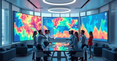 Team of professionals standing around a glass conference table in a high-tech room with large colorful data heatmap screens behind them in blue lighting.