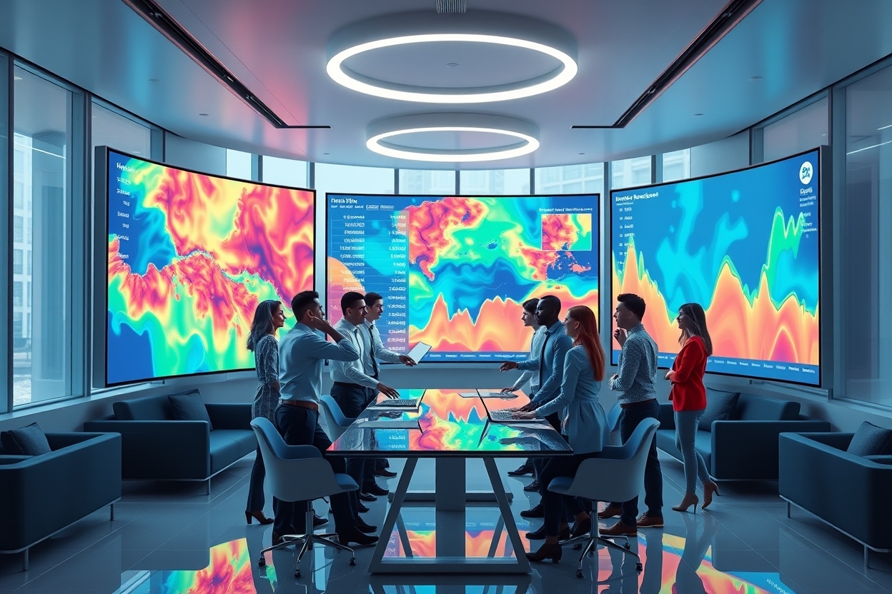 Team of professionals standing around a glass conference table in a high-tech room with large colorful data heatmap screens behind them in blue lighting.