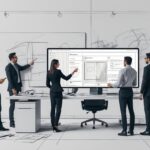 Team of professionals gathered around a desk, reviewing a large monitor showing wireframe designs amid hand-drawn sketches on walls and floor.