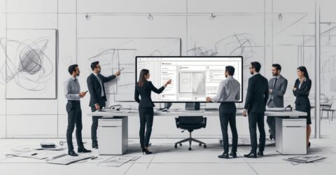 Team of professionals gathered around a desk, reviewing a large monitor showing wireframe designs amid hand-drawn sketches on walls and floor.