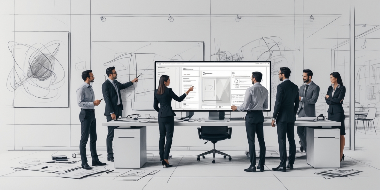 Team of professionals gathered around a desk, reviewing a large monitor showing wireframe designs amid hand-drawn sketches on walls and floor.