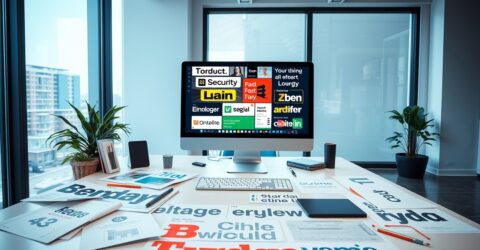 Desk with a computer monitor displaying colorful logo collages, surrounded by scattered newspapers and plants.