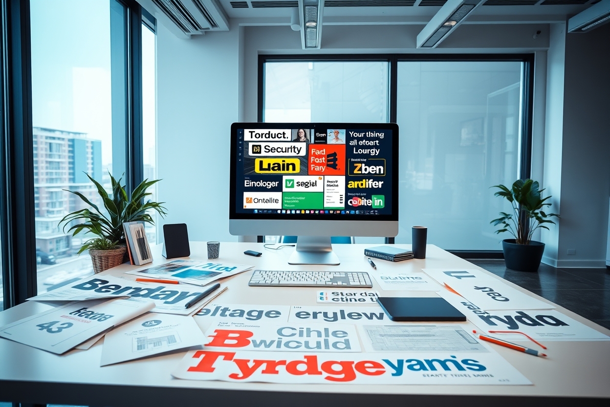 Desk with a computer monitor displaying colorful logo collages, surrounded by scattered newspapers and plants.