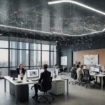 Glowing hexagonal light fixture suspending a web of connected data-point nodes above an office team working at computer desks, symbolizing structured data connections.