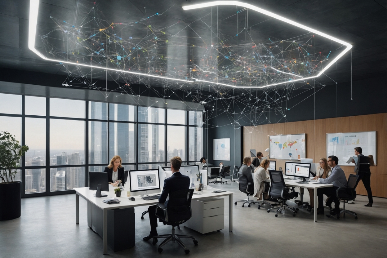 Glowing hexagonal light fixture suspending a web of connected data-point nodes above an office team working at computer desks, symbolizing structured data connections.