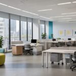 Empty open-plan office with adjustable-height desks, ergonomic chairs, and a teal lounge sofa, floor-to-ceiling windows overlooking a city skyline.