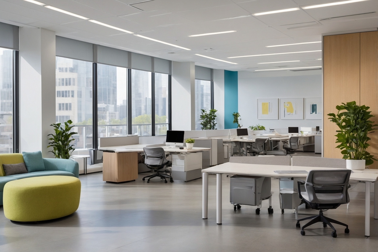 Empty open-plan office with adjustable-height desks, ergonomic chairs, and a teal lounge sofa, floor-to-ceiling windows overlooking a city skyline.
