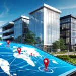 9731e1b - CYTICX.COM Digital globe with red location pins and network lines projected over a touchscreen, beside modern glass office buildings.