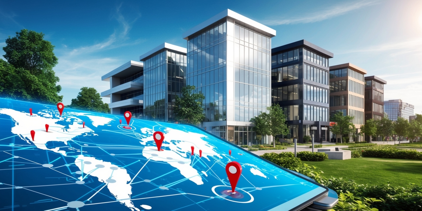 Digital globe with red location pins and network lines projected over a touchscreen, beside modern glass office buildings.