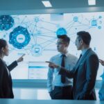 Six professionals in a modern conference room discuss a large wall screen displaying interconnected network diagrams and dashboards.