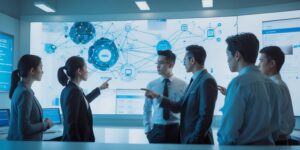 Six professionals in a modern conference room discuss a large wall screen displaying interconnected network diagrams and dashboards.