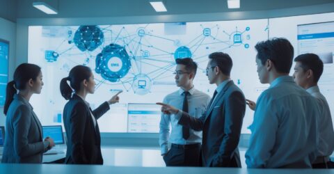 Six professionals in a modern conference room discuss a large wall screen displaying interconnected network diagrams and dashboards.
