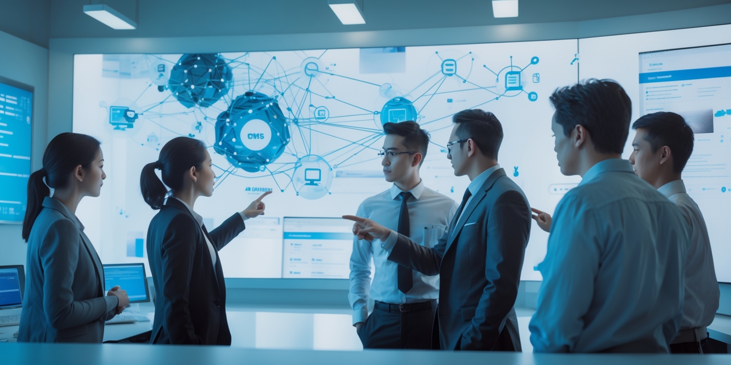 Six professionals in a modern conference room discuss a large wall screen displaying interconnected network diagrams and dashboards.