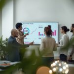 Team of diverse professionals presenting data on a large screen in a modern conference room.