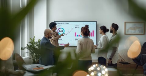 Team of diverse professionals presenting data on a large screen in a modern conference room.