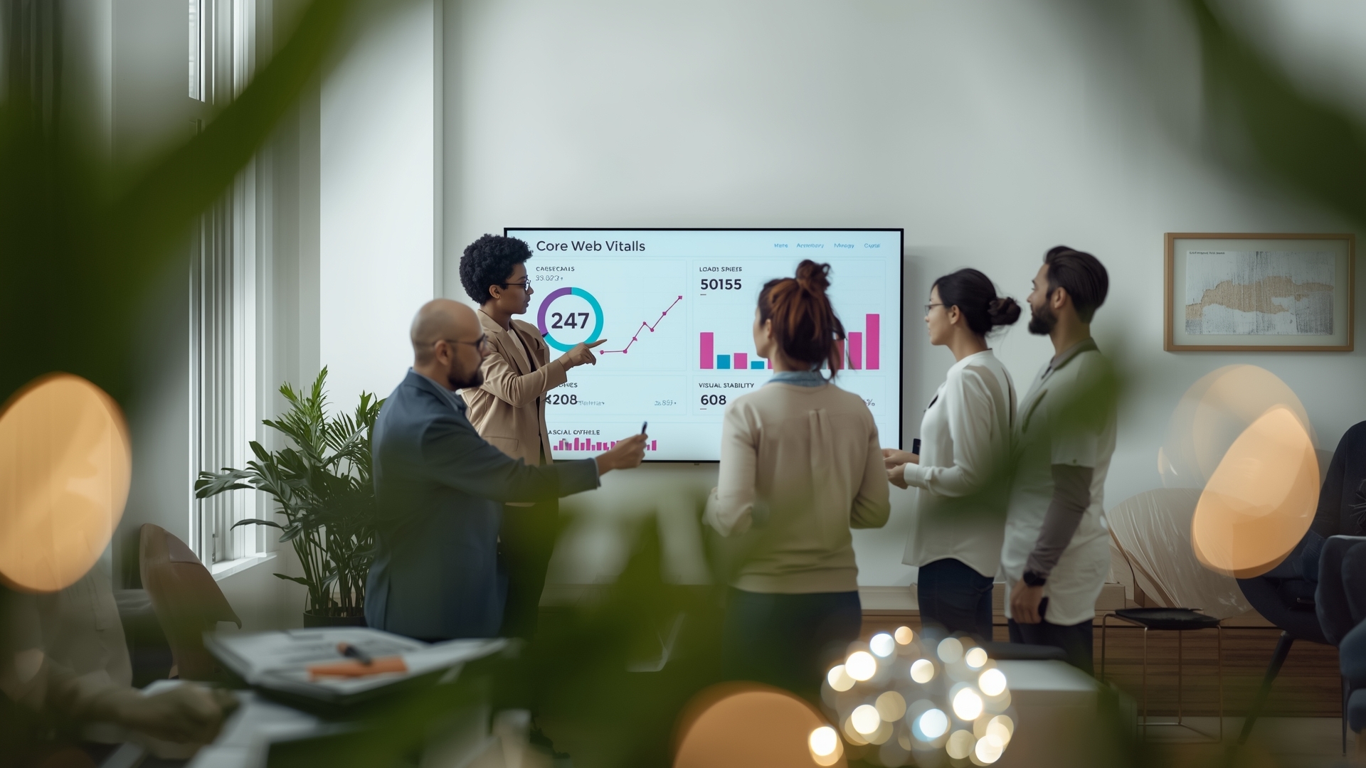 Team of diverse professionals presenting data on a large screen in a modern conference room.