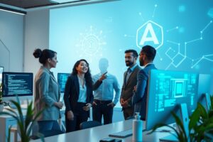 Group of five professionals in a modern tech office, discussing an AI project near large AI-themed wall graphics.