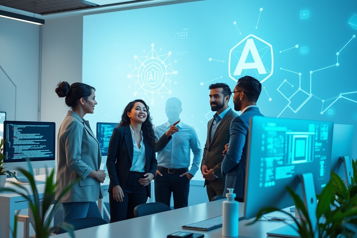 Team of professionals discussing in front of a glowing blue AI network diagram displayed on an office wall screen, with programming code visible on side monitors.
