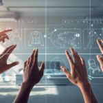 Hands interact with a holographic fashion design interface showing clothing sketches and icons in a bright studio environment.